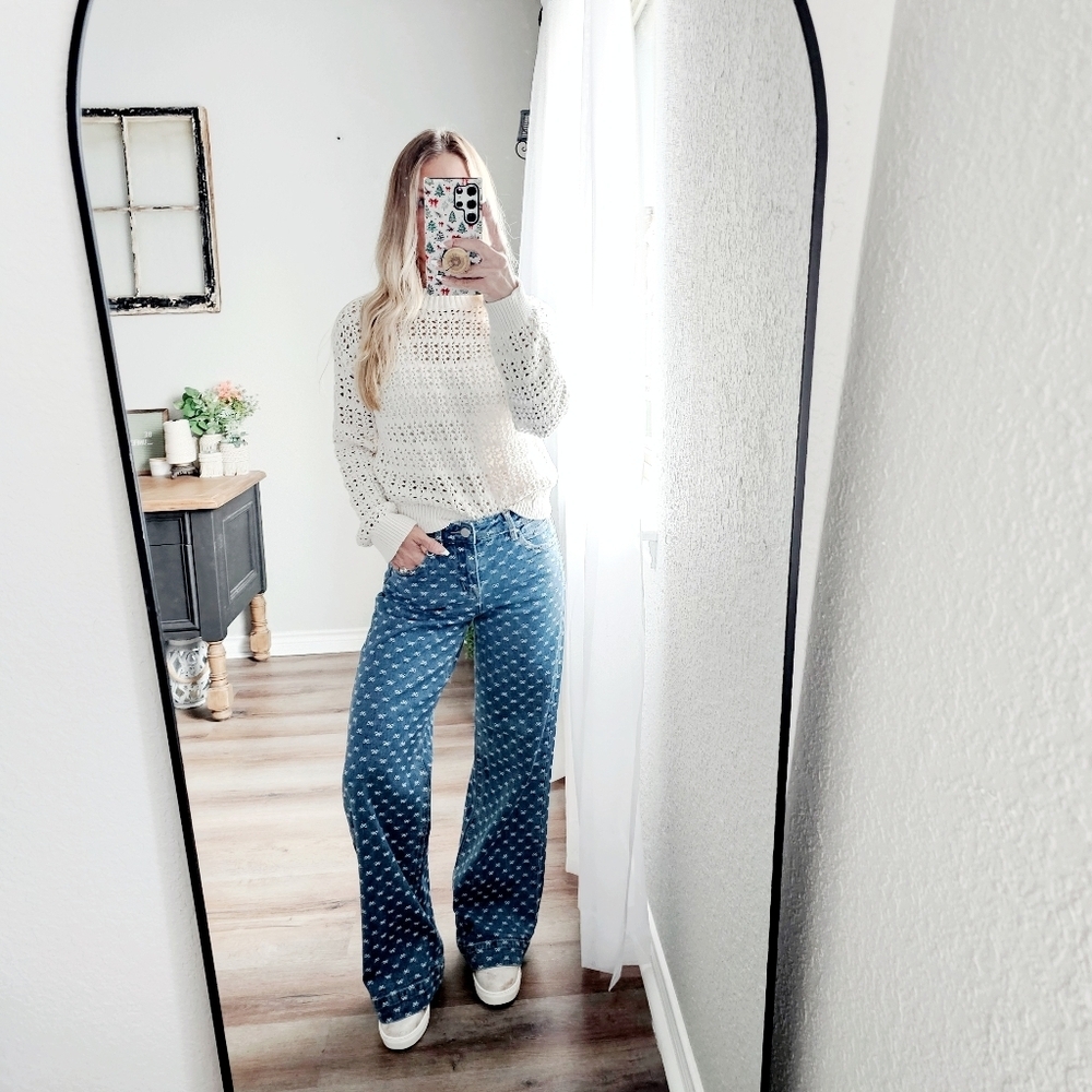 Wide Leg Blue Patterned Jeans - Women's Flare & Wide Leg